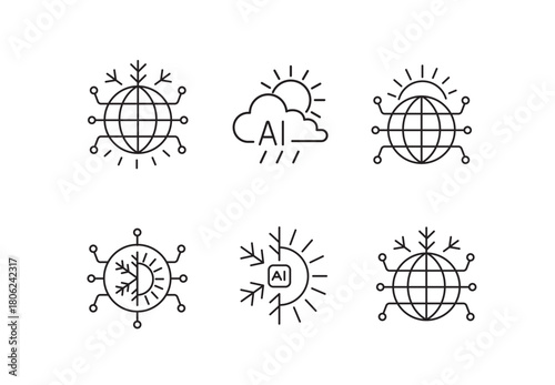 A set of vector icons representing AI-powered global weather and seasonal data systems, created in line style with editable stroke