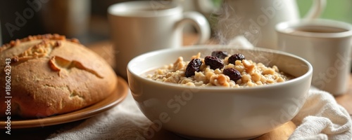 Warm oatmeal with raisins, nuts, and fresh bread served with hot coffee. Wholesome breakfast fuels your day. Nourishing meal offers comfort and energy.