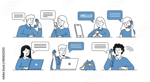 Vector illustration of people communicating via various telephone and mobile devices in a business setting