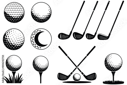 Vintage golf club ball set, classic sports equipment collection with retro wooden clubs and textured golf balls, ideal for heritage sports artwork and nostalgic vector designs.