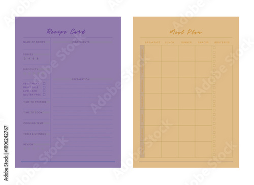 Recipe Card Meal Plan.  template set. Vector illustration.