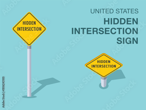 Traffic regulation rules. Isolated United States "hidden intersection" road sign. Front and top view. Flat vector illustration template.