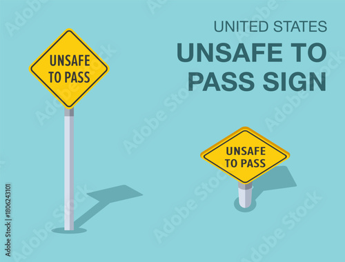 Traffic regulation rules. Isolated United States "unsafe to pass" road sign. Front and top view. Flat vector illustration template.