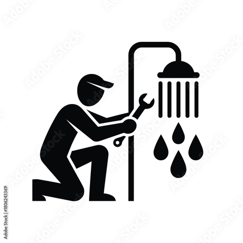 Plumber fixing leaky shower head with wrench icon