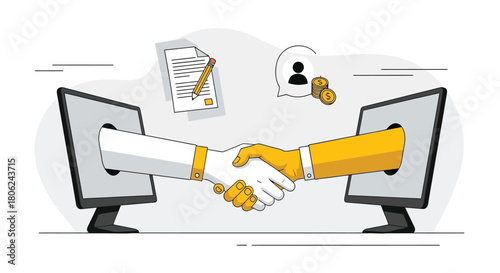 Digital Handshake Illustrating a Successful Online Business Deal and Partnership Agreement