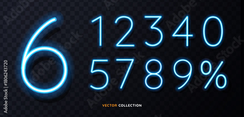 Glowing blue neon numbers and percentage symbol on dark background with a futuristic cyberpunk font style. Vector illustration