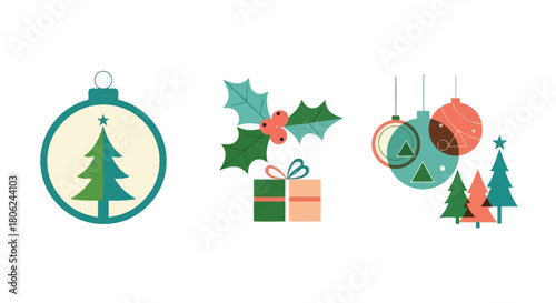 Festive Holiday Icons Christmas Tree, Holly, Gift Box, and Ornaments in a Flat Design Style