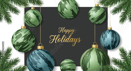 Festive Holiday Greeting with Ornamental Balls and Evergreen Accents on a Dark Background