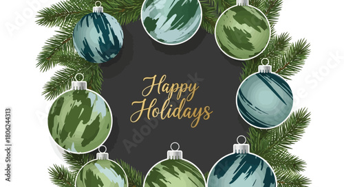 Festive Holiday Greeting Card Featuring Ornate Christmas Ornaments and Evergreen Branches for the Season