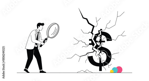 Worried investor scrutinizes fractured dollar sign signaling financial crisis and economic downturn, a contemporary illustration of market instability