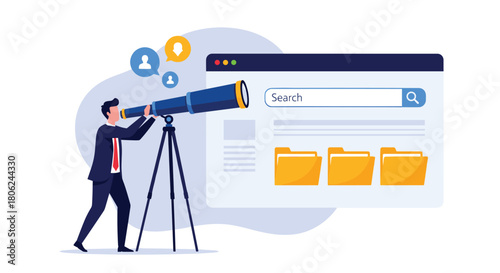 Innovative businessman searching for new opportunities with telescope in modern workplace, finding data insights and solutions for business growth