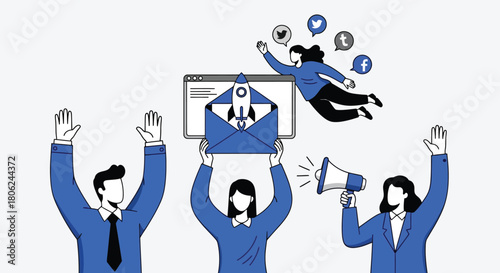 Team Celebrating Email Marketing Success Launching a Rocket & Social Media Engagement