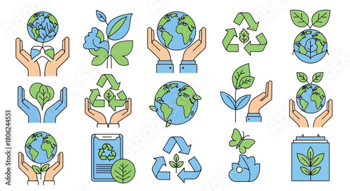 Eco-Friendly World Diverse Icons of Earth, Nature, Recycling, and Sustainable Living