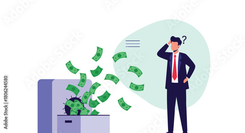 Confused businessman losing money from overflowing safe, financial crisis concept, business challenges and uncertainty, investment risk illustration