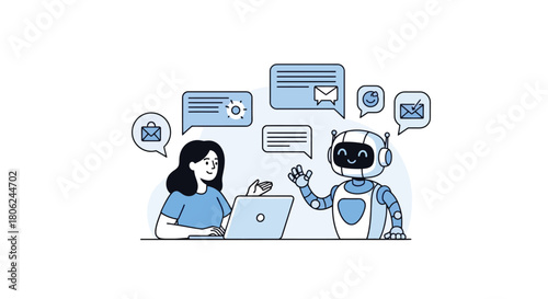 AI Collaboration Woman and Robot working together online. Digital Assistant for Communication