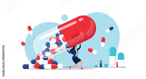 Businesswoman powerfully carrying a giant capsule full of medicine, representing health and strength in the pharmaceutical industry