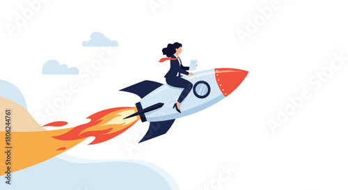 Soaring to new heights, a confident businesswoman rides a rocket, symbolizing ambition and dynamic career growth in the business world