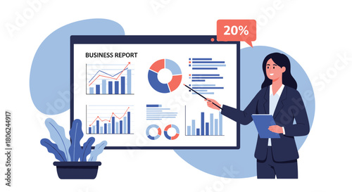 Businesswoman presenting data driven insights at meeting with charts and graphs showing 20 percent growth, drive sales and marketing results