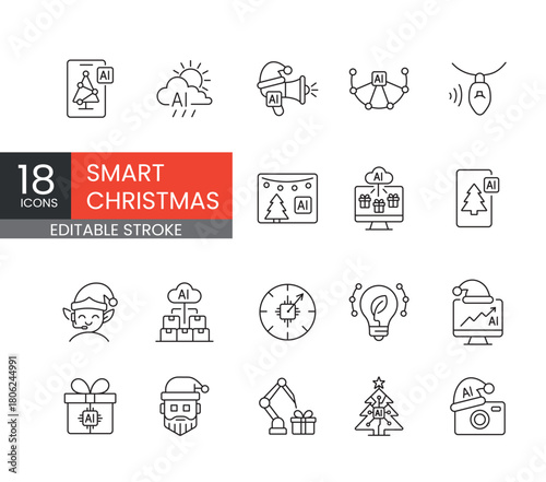 A set of vector icons representing smart Christmas technologies powered by AI, including gift automation, festive lighting, and digital holiday tools, created in line style with editable stroke