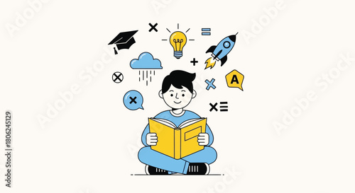 Young Person Immersed in Reading, Surrounded by Symbols of Knowledge and Growth