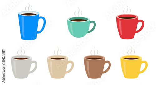 Colorful Hot Coffee Mug Set Vector Illustration - Six Vibrant Mugs Collection