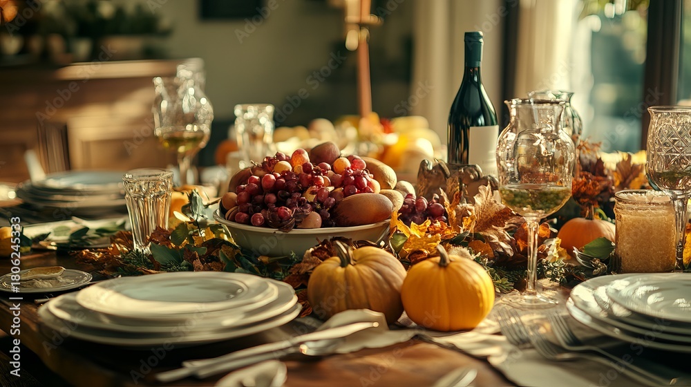 Naklejka premium Festive thanksgiving dinner table with seasonal decorations, autumn harvest feast setting
