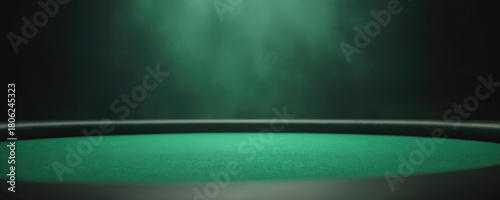 Green poker table with blurred background. It creates a casino atmosphere. Photo for gambling games or card games. Suitable for advertising a poker tournament or casino.