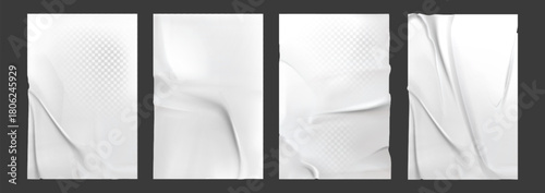 Empty glued paper sheets set on transparent background. Vector realistic illustration of abstract white fabric with wrinkled surface, crumpled blank announcement on wall, cloth crease texture overlay