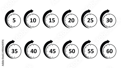 Countdown timer icons set with minute intervals and circular arrows