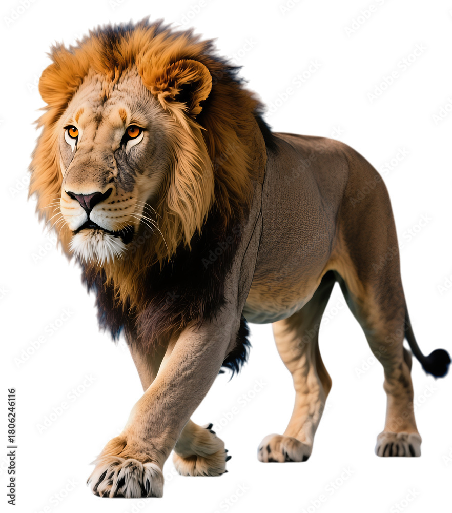 Obraz premium Majestic lion walking with powerful golden mane