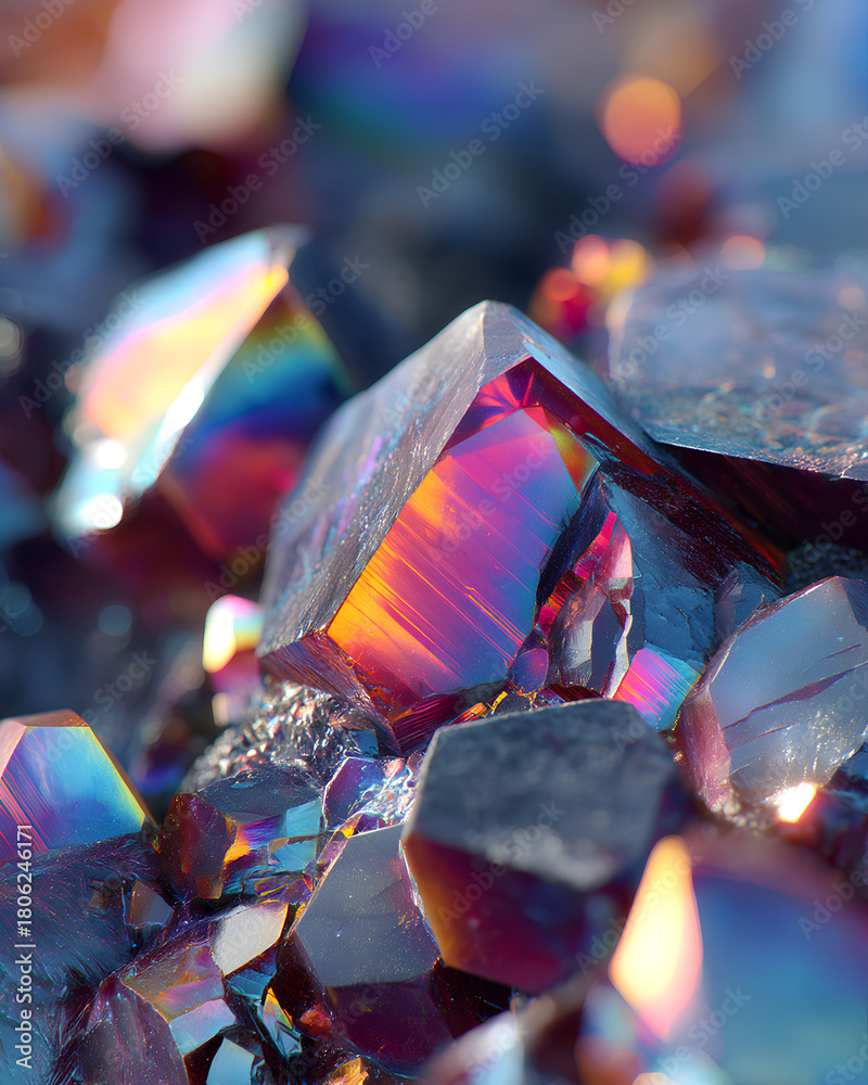 Obraz premium Macro shot of colorful mineral crystal with ultra sharp details vibrant rainbow refraction and intricate fractal geometry under soft diffused lighting 