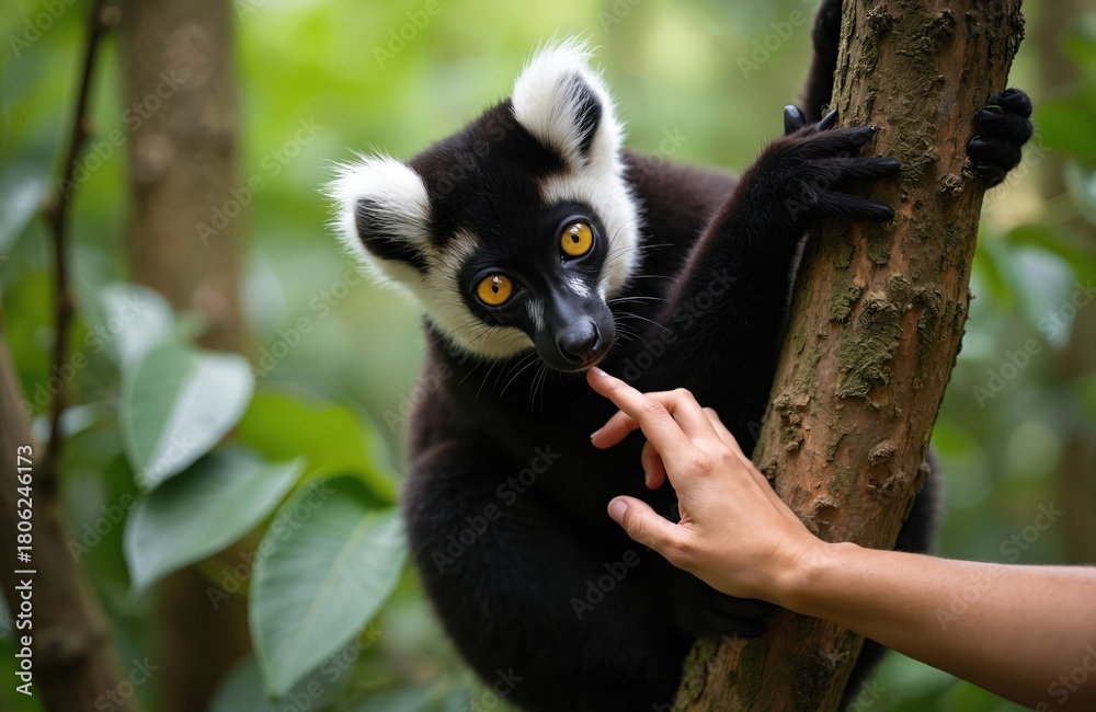 Obraz premium Black and white lemur with yellow eyes climbs on tree branch. Human hand touches its nose gently. Wild animal interacts with person in green jungle habitat.
