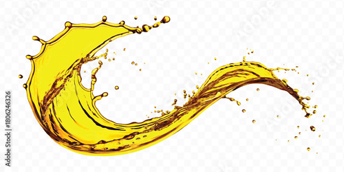 abstract smooth liquid oil splashing with droplets in curve style isolated on white background	
