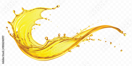 abstract smooth liquid oil splashing with droplets in curve style isolated on white background	
