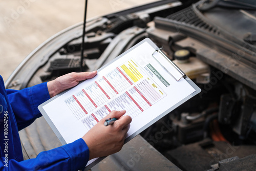 Action of a car service technician is checking on vehicle inspection checklist form during perform the maintenance job. Close-up and selective focus.