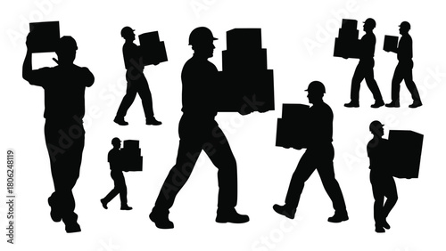 Silhouettes of workers carrying boxes isolated on white background, Vector
