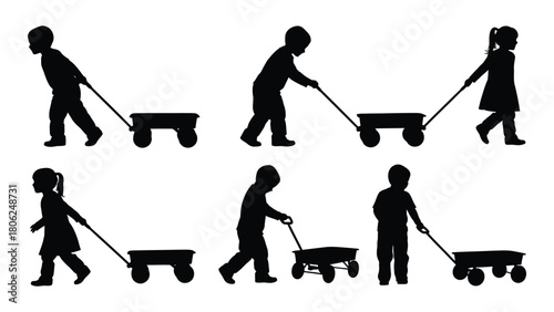 Children pulling wagons silhouettes isolated on white background, Vector