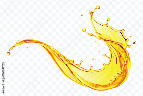 abstract smooth liquid oil splashing with droplets in curve style isolated on white background	
