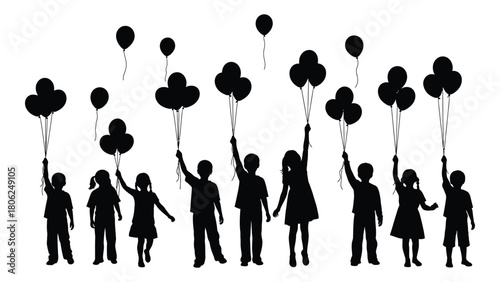 Children holding balloons silhouettes isolated on white background, Vector