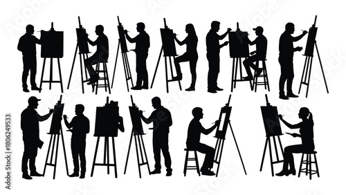 Artists painting at easels silhouettes isolated on white background, Vector