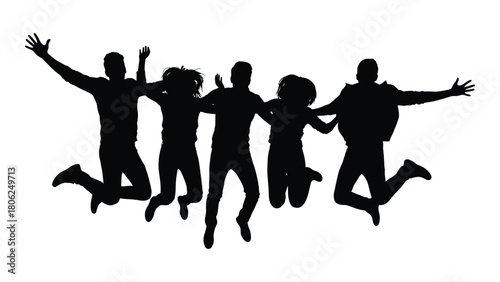 Group of joyful people jumping silhouette isolated on white background, Vector