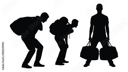 Men carrying heavy loads silhouettes isolated on white background, Vector