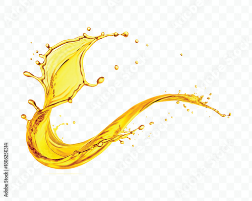 abstract smooth liquid oil splashing with droplets in curve style isolated on white background	
