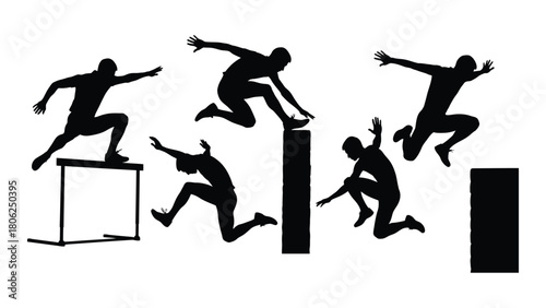 Dynamic parkour and obstacle jumping silhouettes isolated on white background, Vector