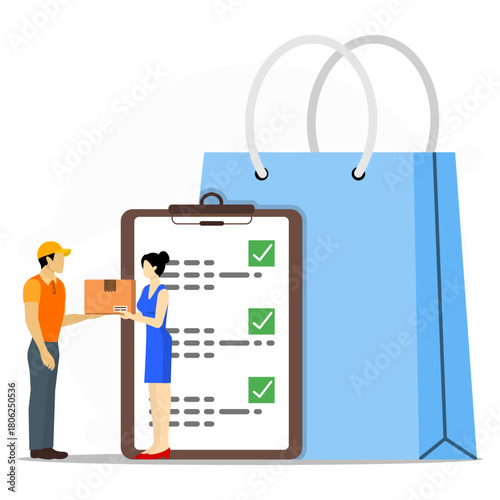 Illustration of a delivery handover between a courier and customer, with a checklist and shopping bag. Concept delivery shopping, order fulfillment, and parcel confirmation