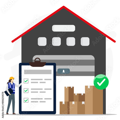 Efficient warehouse operations and inventory management concept. A woman of inspector checking supply goods on warehouse with checklist form on clipboard.
