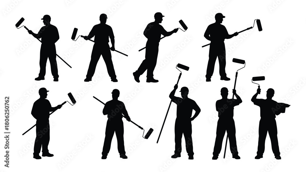 Obraz premium Painter silhouettes with paint rollers isolated on white background, Vector