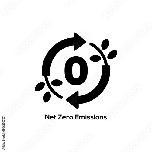 Net zero emissions vector icon with recycling arrows and leaves representing carbon neutral, eco friendly and sustainable environmental climate concepts.