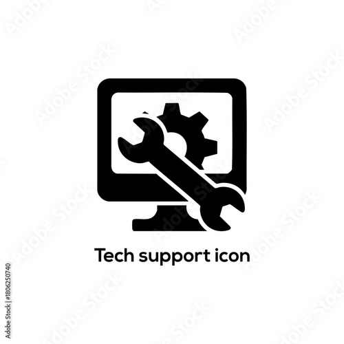 Technical support vector icon with computer monitor, gear and wrench representing maintenance, repair, troubleshooting and IT service.