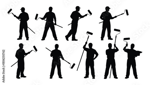 Painter silhouettes with paint rollers isolated on white background, Vector